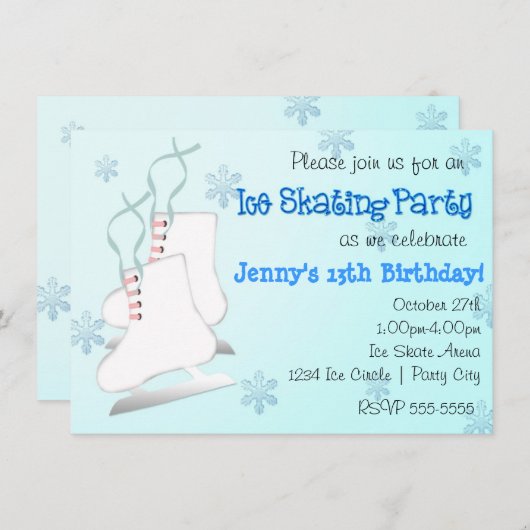 Girls Blue Ice Skaten Skate Snowflake Einladung (Vorne/Hinten)