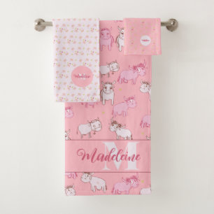 Girls Boho Bauernhof Funny Cows Pink Monogram Name Badhandtuch Set