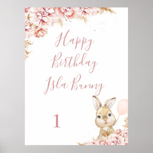 Girl's Boho Floral Bunny 1. Geburtstag Zeichen Poster