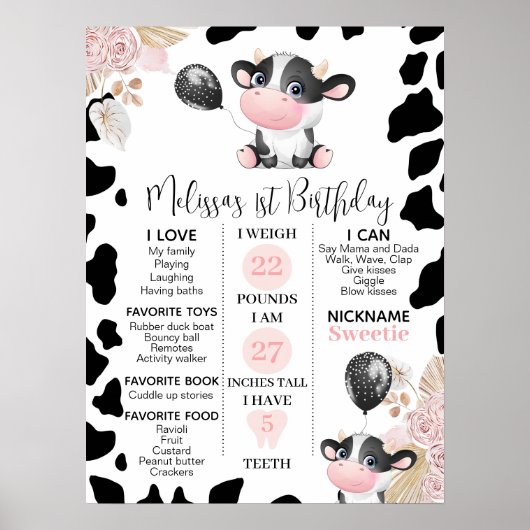 Girl's Boho Floral Cow 1st Birthday Milestone Poster (Vorne)