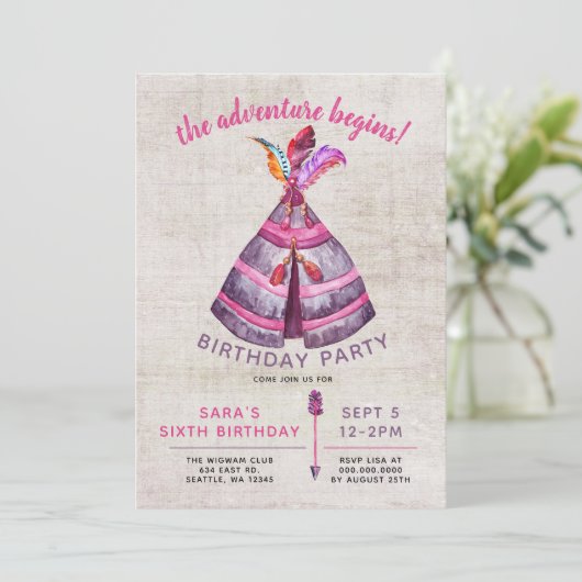 Girls Boho TeePee Einladungen zum Geburtstag (Stehend Vorderseite)