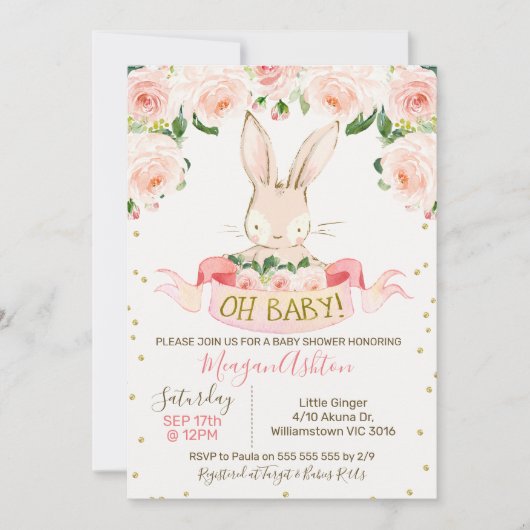 Girls Bunny Rabbit Baby Dusche Einladung (Vorderseite)