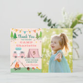 Girls Camping Birthday Camp Party Foto Dankeskarte (Stehend Vorderseite)