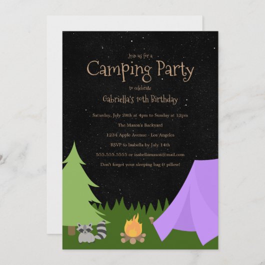 Girls Camping Party | Einladung zur Geburtstagspar (Vorne/Hinten)