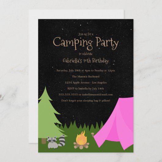 Girls Camping Party| Einladung zur Geburtstagspart (Vorne/Hinten)