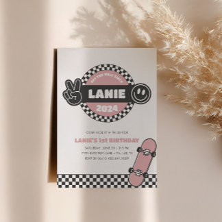 Girls' Checkered Skateboard Groovy Hippie Birthday Einladung