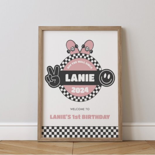 Girls' Checkered Skateboard Groovy Hippie Birthday Poster