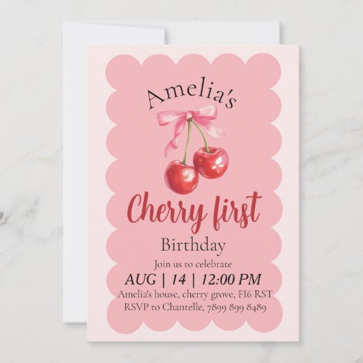 Girls Cherry First Birthday invitation  Einladung (Vorderseite)