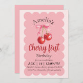 Girls Cherry First Birthday invitation  Einladung (Vorne/Hinten)