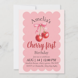 Girls Cherry First Birthday invitation  Einladung