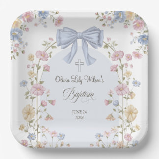 Girl's Christan Baptism Pastel Bow Wildflower Pappteller