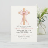 Girl's Christian Baptism Pink Bow Einladung (Stehend Vorderseite)
