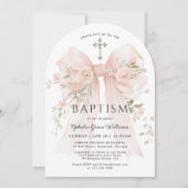 Girl's Christian Baptism Pink Floral Bow Einladung (Vorderseite)