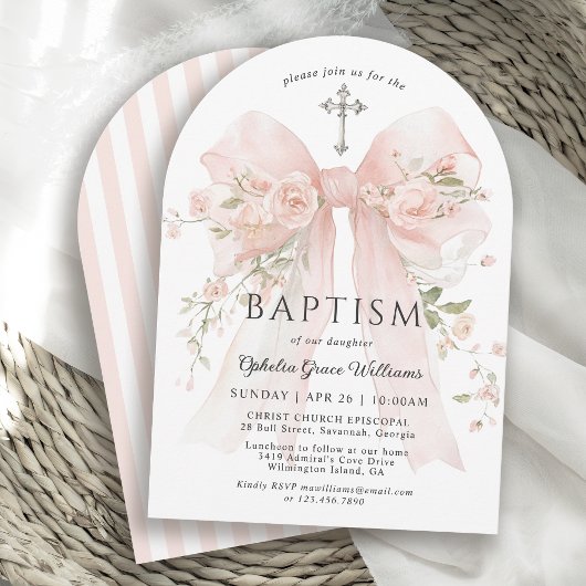 Girl's Christian Baptism Pink Floral Bow Einladung