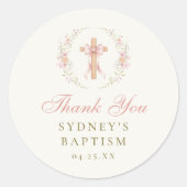 Girl's Christian Baptism Pink Floral Bow Runder Aufkleber (Vorderseite)