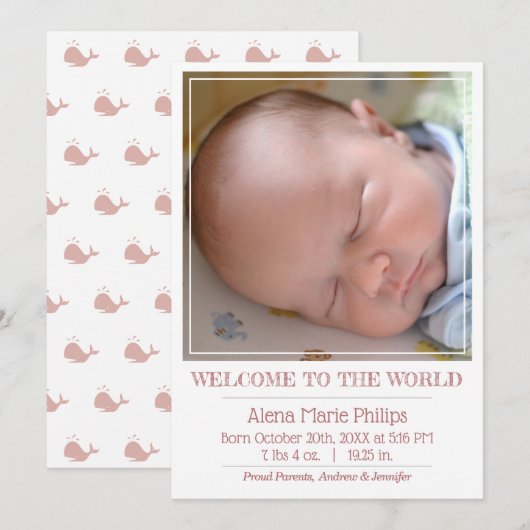 Girls Classic Square Foto Einfache Geburt Ankündigung (Vorne/Hinten)