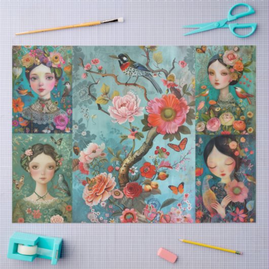 Girls Colorful Floral Decoupage Collage Seidenpapier (Basteln)