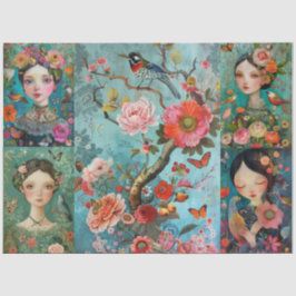 Girls Colorful Floral Decoupage Collage Seidenpapier