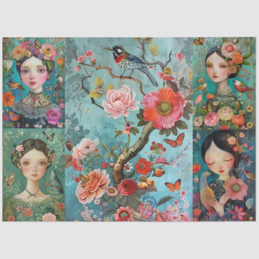 Girls Colorful Floral Decoupage Collage Seidenpapier (Vorderseite)