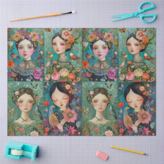 Girls Colorful Floral Decoupage Collage Seidenpapier (Basteln)