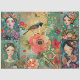 Girls Colorful Floral Decoupage Collage Seidenpapier