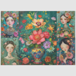 Girls Colorful Floral Decoupage Collage Seidenpapier