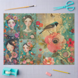 Girls Colorful Floral Decoupage Collage Seidenpapier