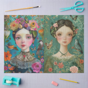 Girls Colorful Floral Decoupage Collage Seidenpapier