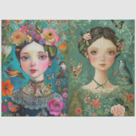 Girls Colorful Floral Decoupage Collage Seidenpapier