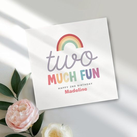 Girls Colorful Two Much Fun Rainbow 2nd Birthday Serviette