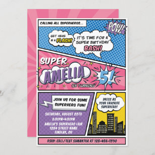 Girls Comic Book Style Superheld Geburtstagsparty Einladung