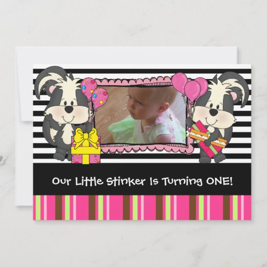 Girls Custom Little Stinker Skunk Birthday Einladu Einladung (Vorderseite)