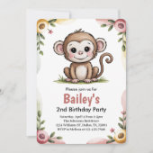 Girls Cute Monkey Jungle Birthday Party Einladung (Vorderseite)