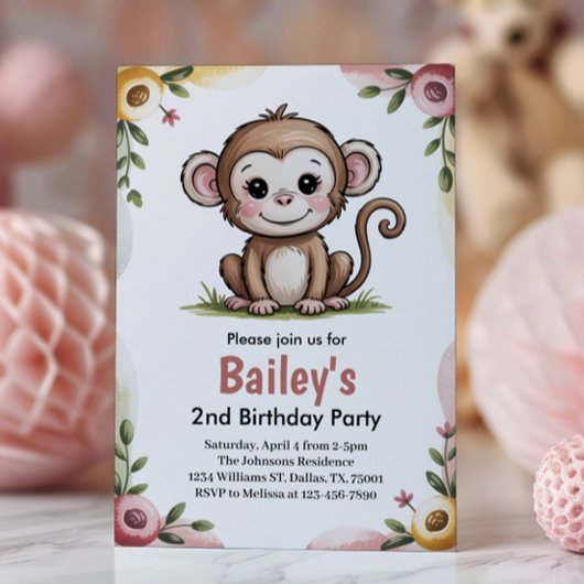 Girls Cute Monkey Jungle Birthday Party Einladung