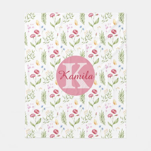 Girls Cute Monogram Name Floral Fleece Blanket (Vorderseite)