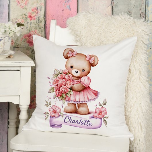 Girls Cute Nursery Throw Pillow With A Teddy Bear Kissen