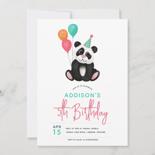 Girls Cute Panda Bear 5th Birthday Party Einladung (Vorderseite)