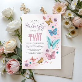 Girls Cute Pink Purple Butterfly Kids 2nd Birthday Einladung
