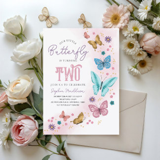 Girls Cute Pink Purple Butterfly Kids 2nd Birthday Einladung