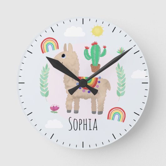 Girls Cute Pink Rainbow Llama Alpaca Kids Nursery Runde Wanduhr (Vorderseite)