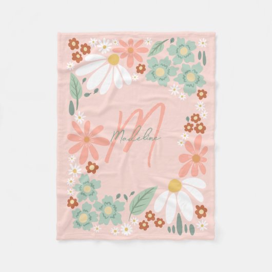Girls Cute Pink Retro Wildflower Monogrammed Fleecedecke (Vorderseite)