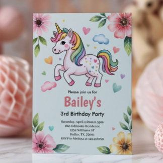 Girls Cute Pink Unicorn Kids 3rd Birthday Party Einladung
