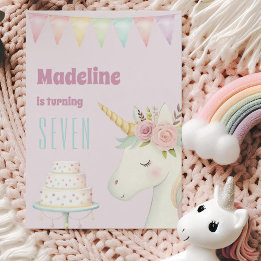 Girls Cute Pink Unicorn Seventh Birthday Einladung
