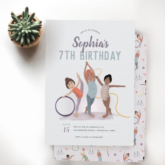 Girls Cute Purple Gymnastics 7th Birthday Einladung