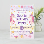 Girls Cute Purple Unicorn Kids 1th Birthday Einladung (Stehend Vorderseite)
