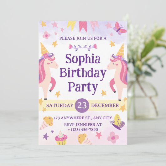 Girls Cute Purple Unicorn Kids 1th Birthday Einladung (Stehend Vorderseite)