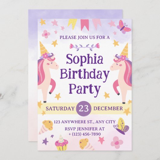 Girls Cute Purple Unicorn Kids 1th Birthday Einladung (Vorne/Hinten)