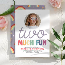 Girls Cute Two Much Fun Rainbow Photo 2nd Birthday