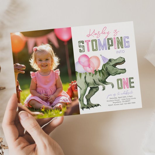 Girl's Dinosaur Einladung zum ersten Geburtstag