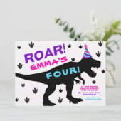 Girl's Dinosaur Party Hat Geburtstag Einladung (Stehend Vorderseite)